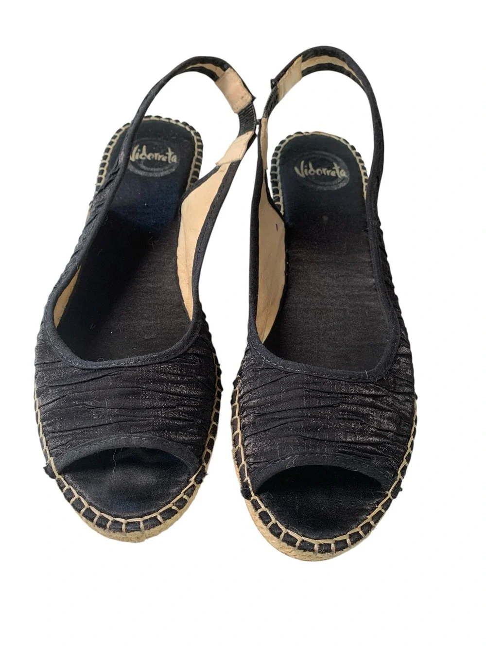 Vidorreta Sofia Black Peep Toe Ruched Wedge Espadrilles EU 39